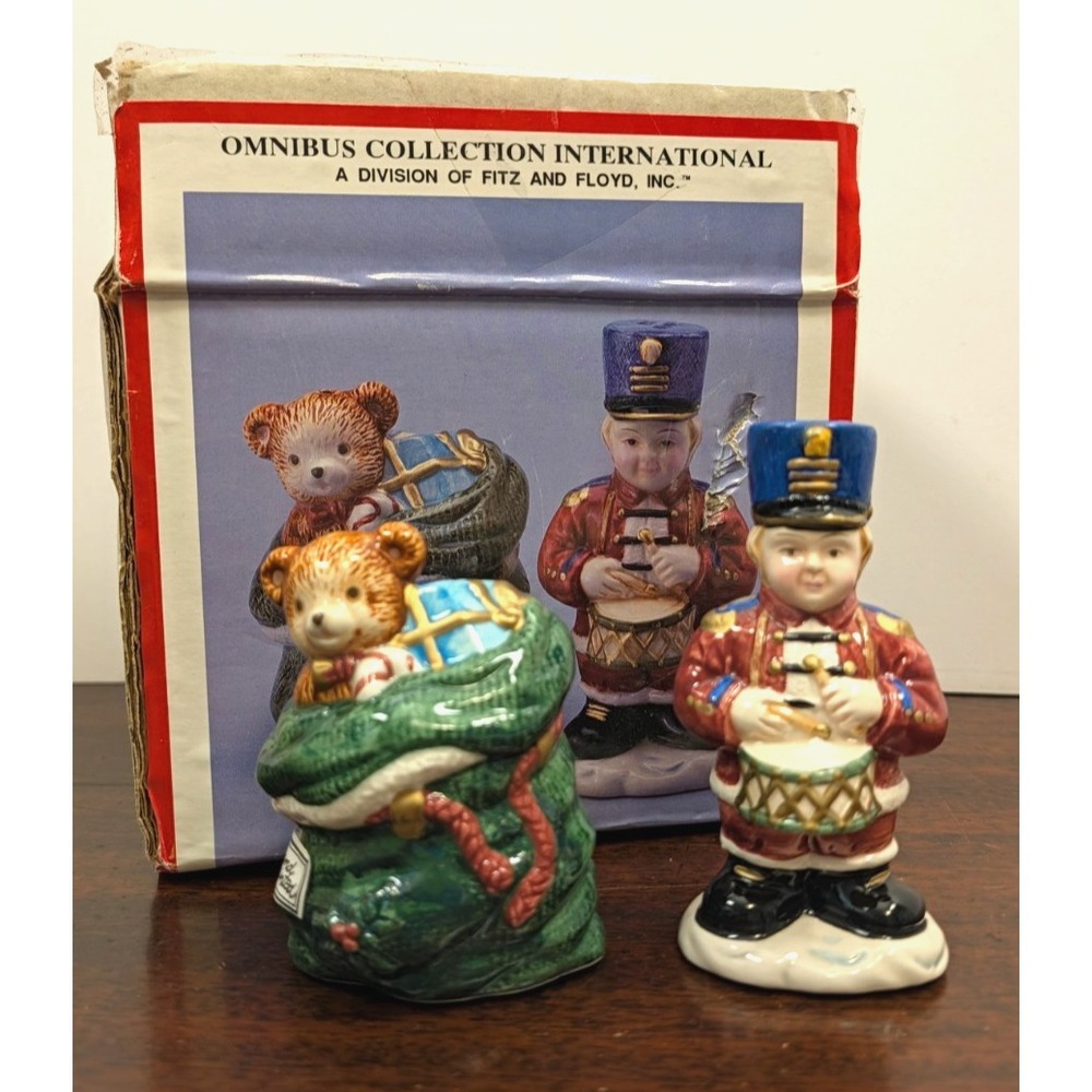 Vintage Fitz & Floyd OCI Christmas Salt Pepper Shakers Teddy Bear Toy Soldier